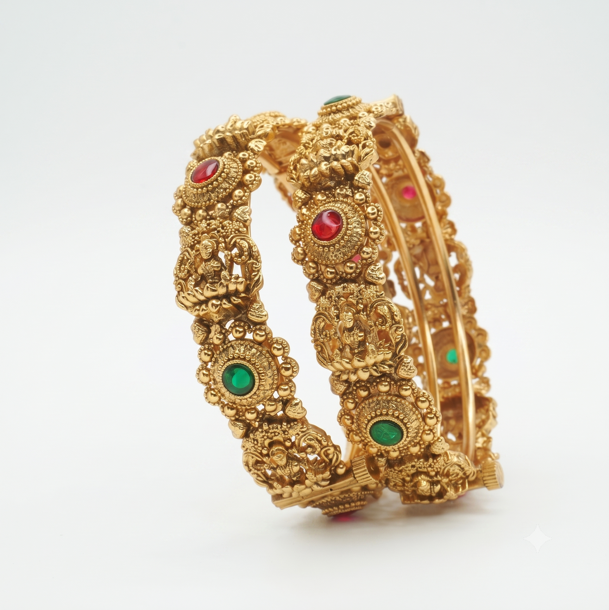 Handcrafted Indian Temple Lakshmi Gold Plated Bridal Bangles Pair with Ruby & Green Stone Ethnic Jewelry
